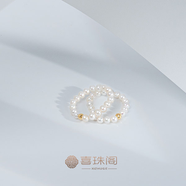 【只此今日】K金豆豆淡水珍珠白珠baby珠弹力绳戒指到手2个3-4mm
