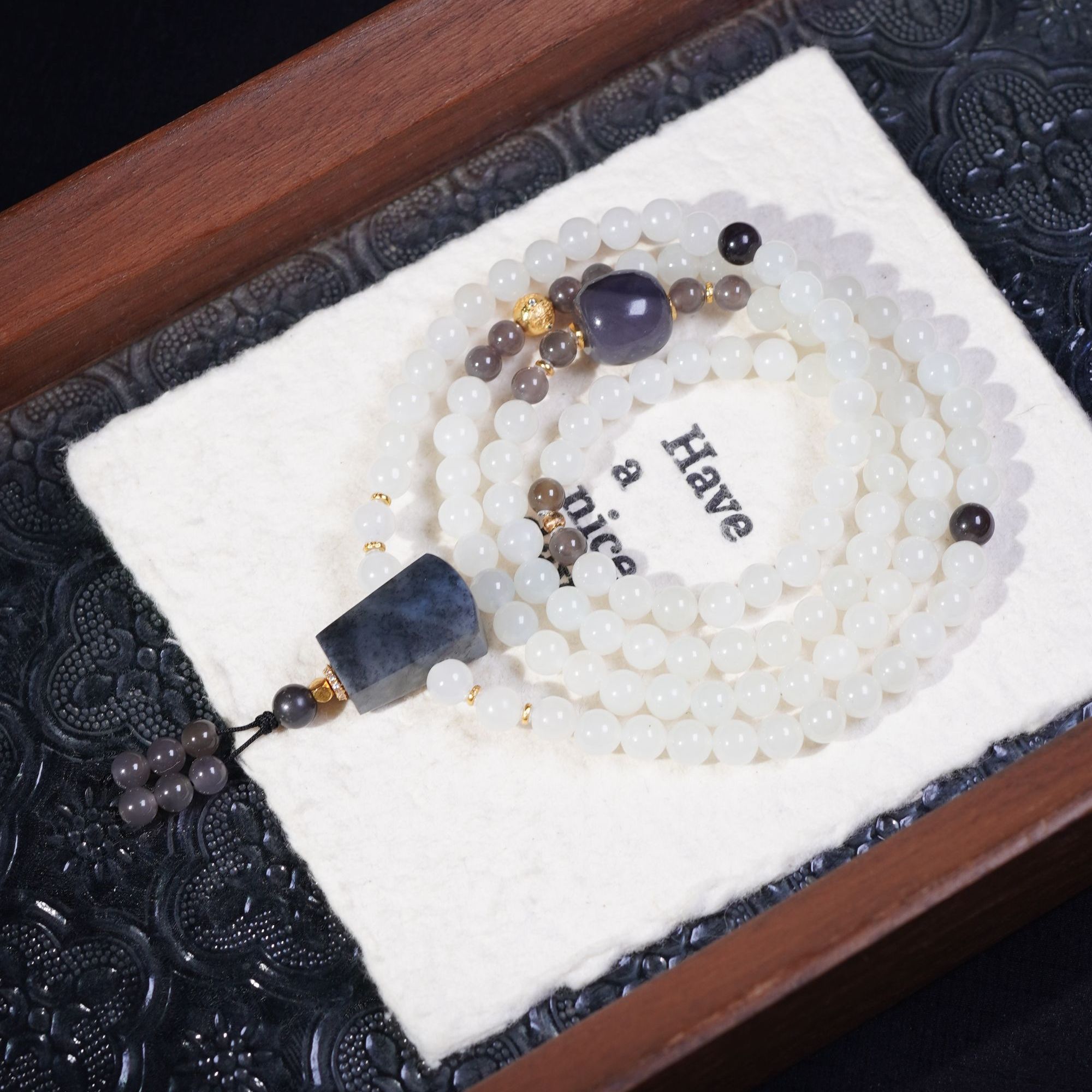 空蒙山色 天然和田玉白玉6mm圆珠青花三通念珠手串