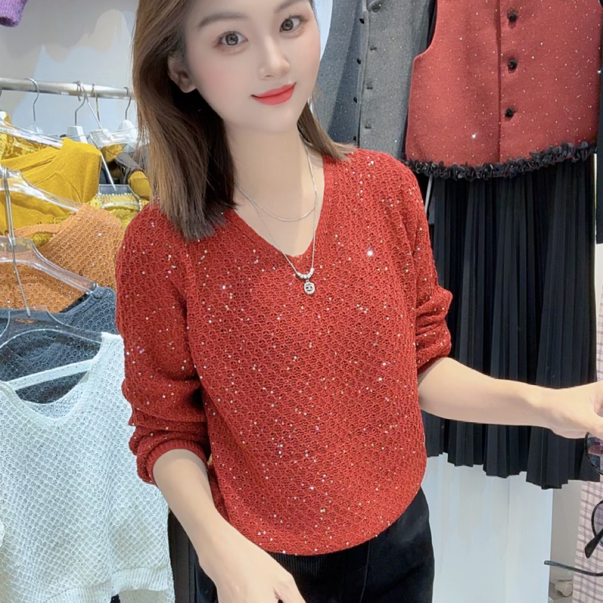 8033小个子显瘦白色套头V领针织秋冬上衣