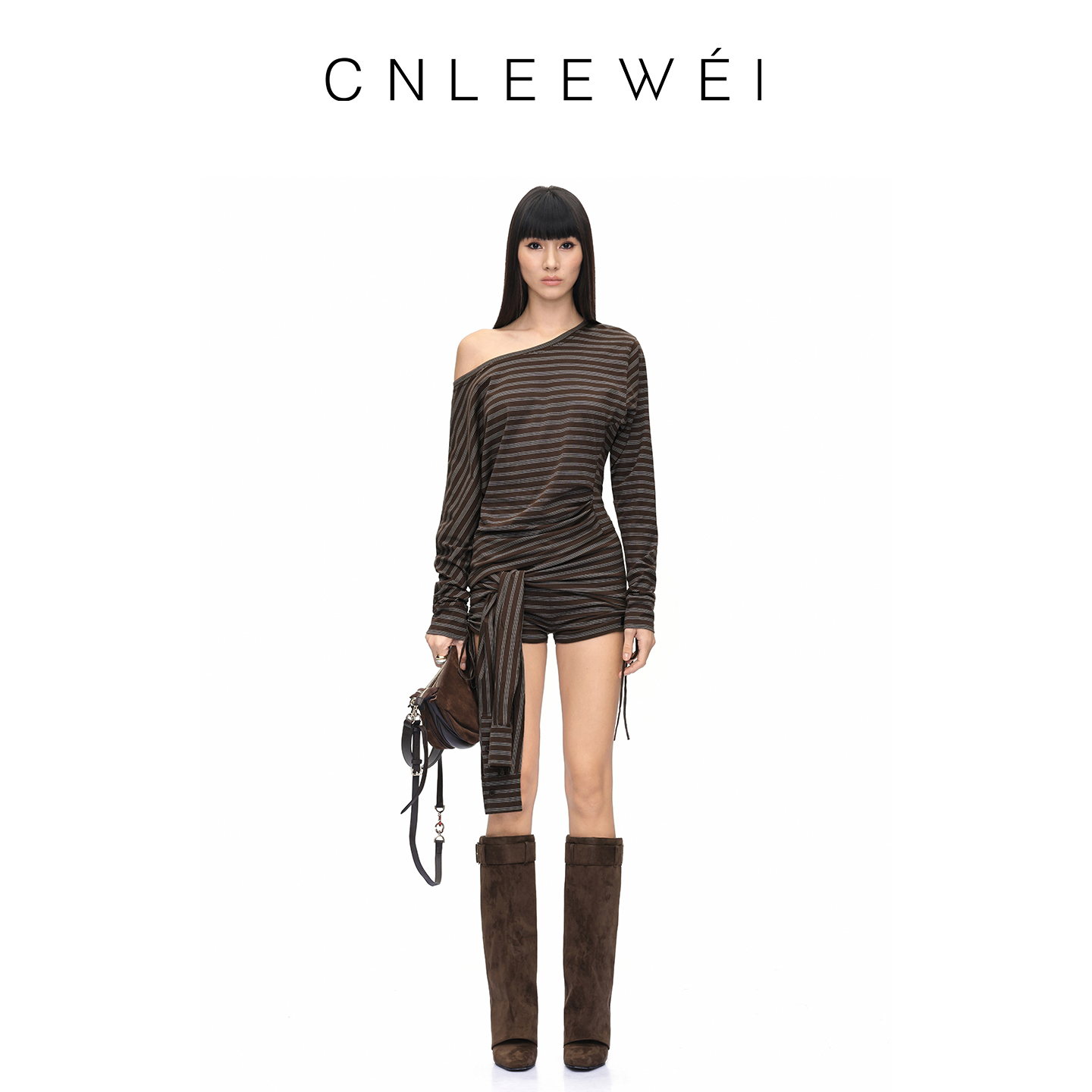 CNLEEWEI 25AW新款斜肩褶皱上衣弹力女设计师品牌时尚