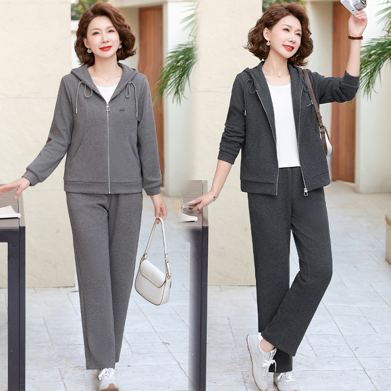 时尚妈妈装针织连帽套装拉链开衫简约大方中老年女装舒适百搭