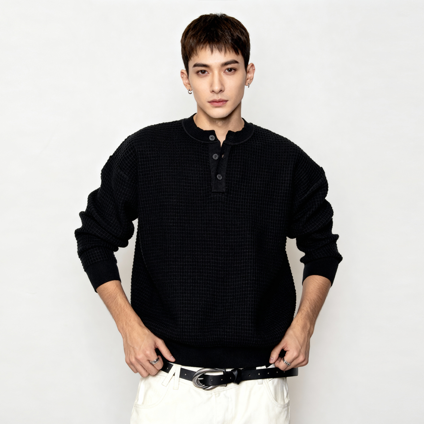 华夫格加厚长袖针织衫男秋冬季内搭高级感老钱风轻奢痞帅毛衣上衣