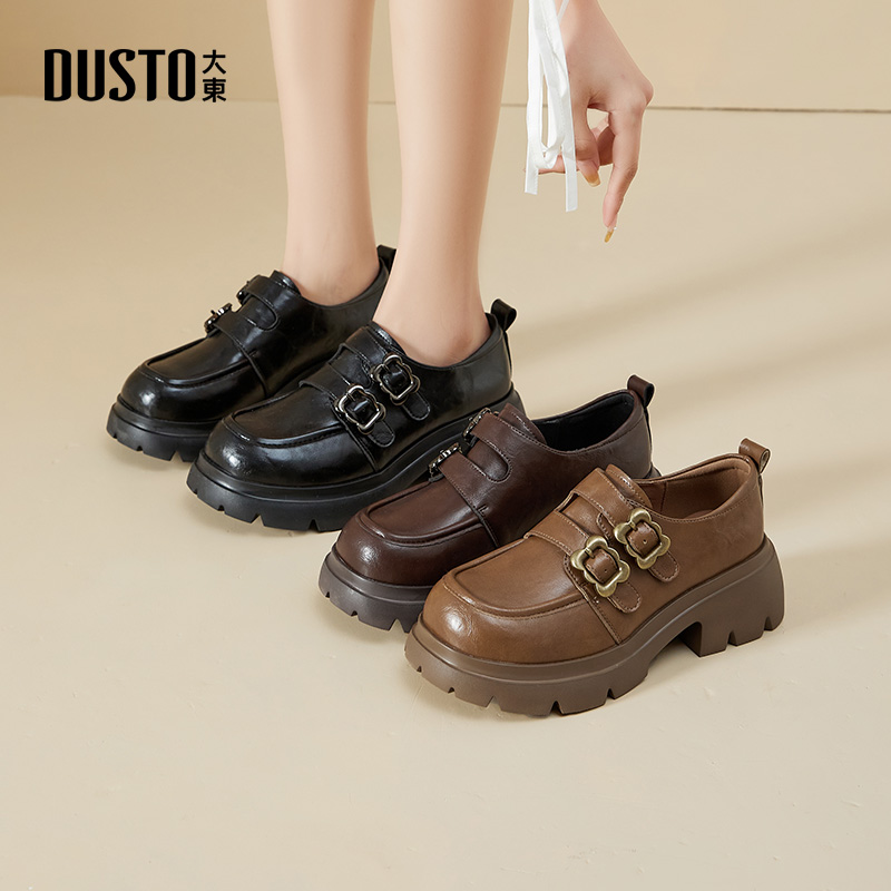 大东乐福鞋女款2025秋季新款外穿复古时尚百搭增高圆头小皮鞋0172