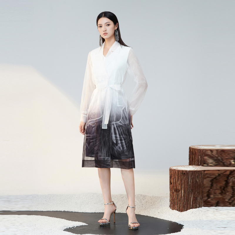MAOKAI女装晕染收腰连衣裙两件套长款风衣M223Z1812