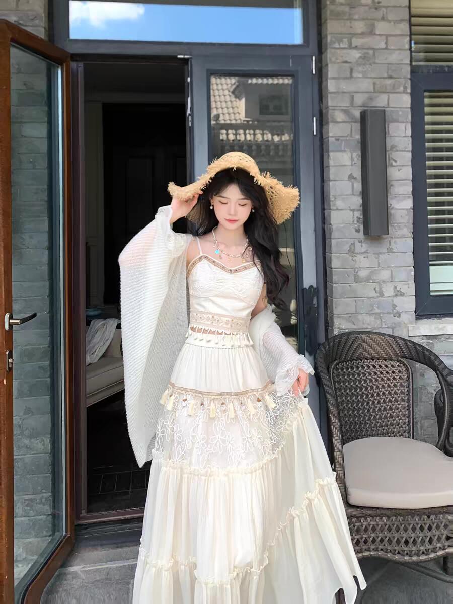 复古民族风吊带流苏半裙套装女2025夏季新款旅游海边度假风长裙子