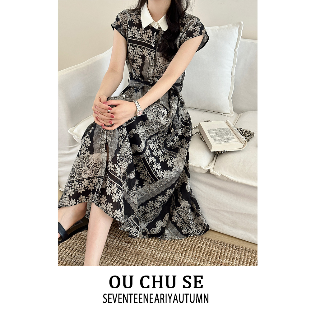 夏装2025新品时尚印花品质感天丝气质收腰连衣裙痞帅炸街风女装