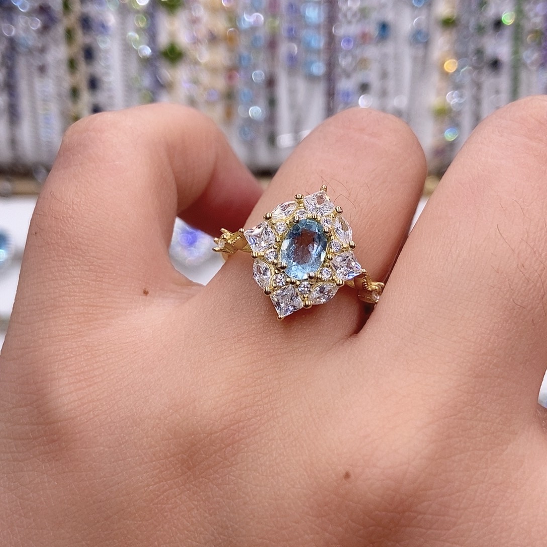 银S925镶嵌海蓝宝石戒圈