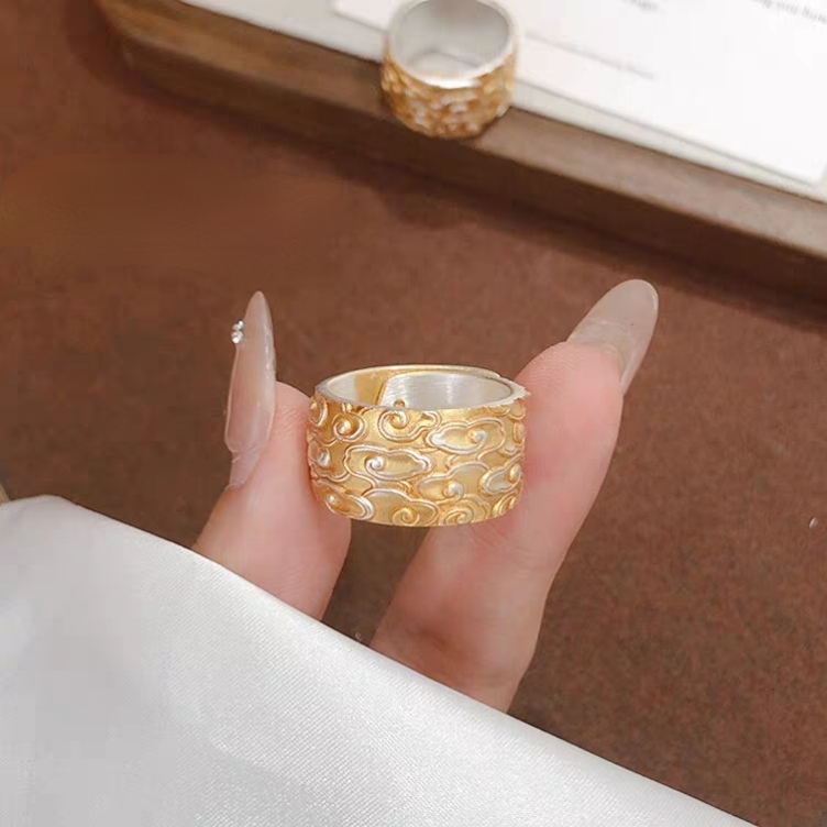 足银戒指 足银9999描金祥云宽面吉言简直开口戒指男女通用银饰