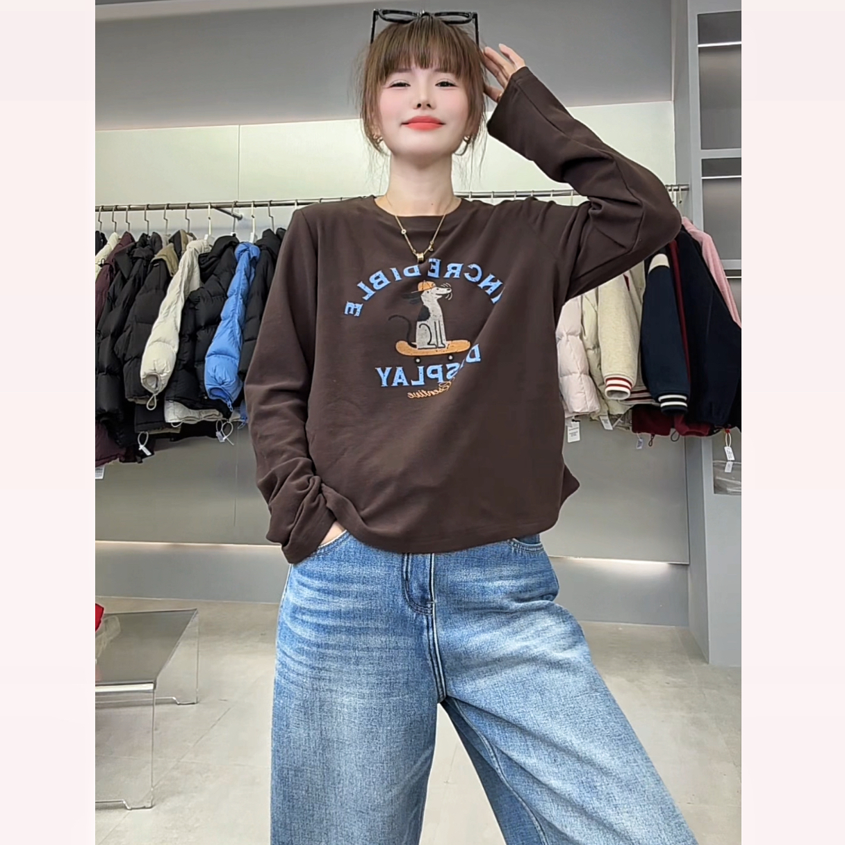 【YL严选】卡通印花减龄长袖T恤女新款磨毛休闲百搭打底衫上衣服