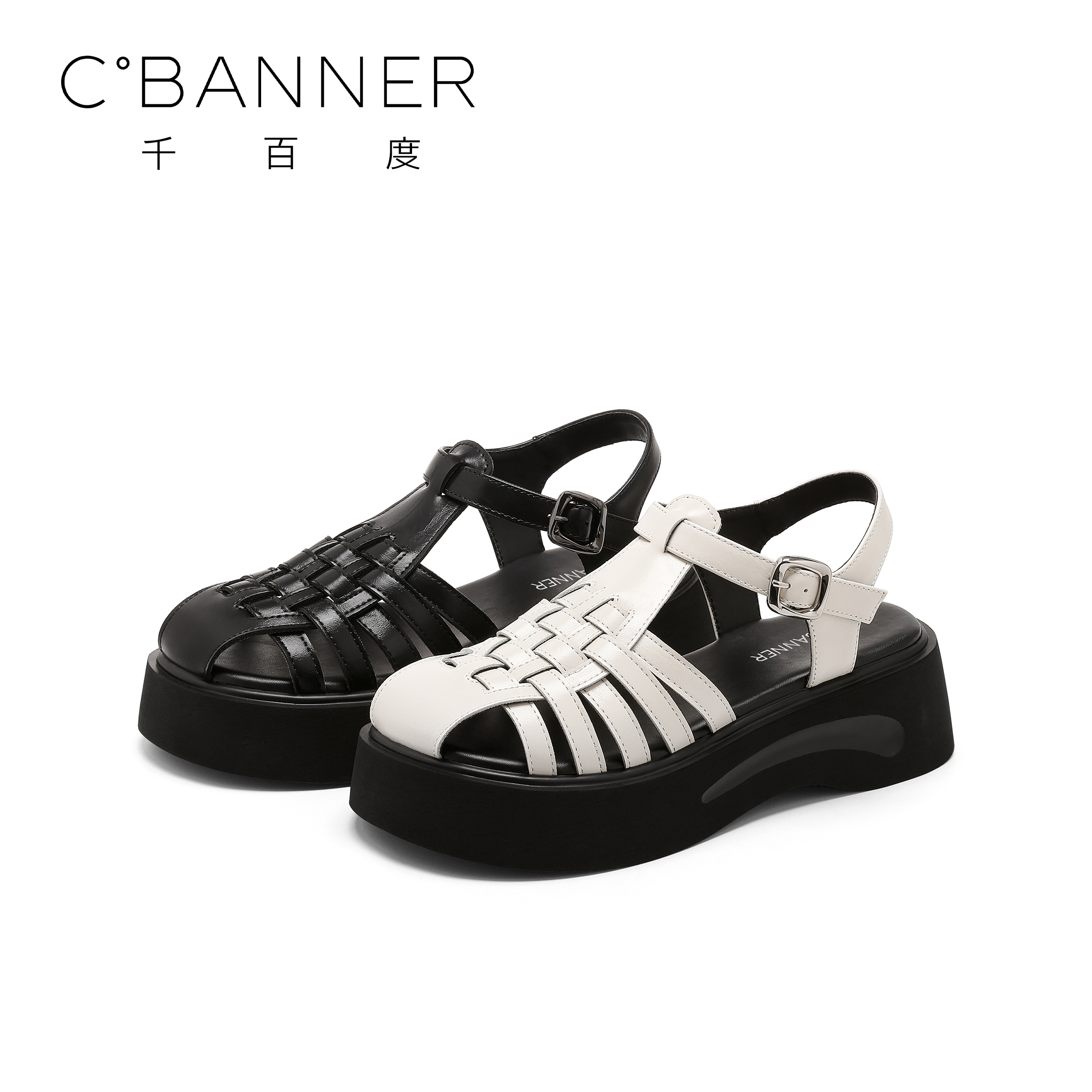 C.BANNER千百度厚底凉鞋女2025夏季新款透气猪笼鞋舒适外穿罗马鞋