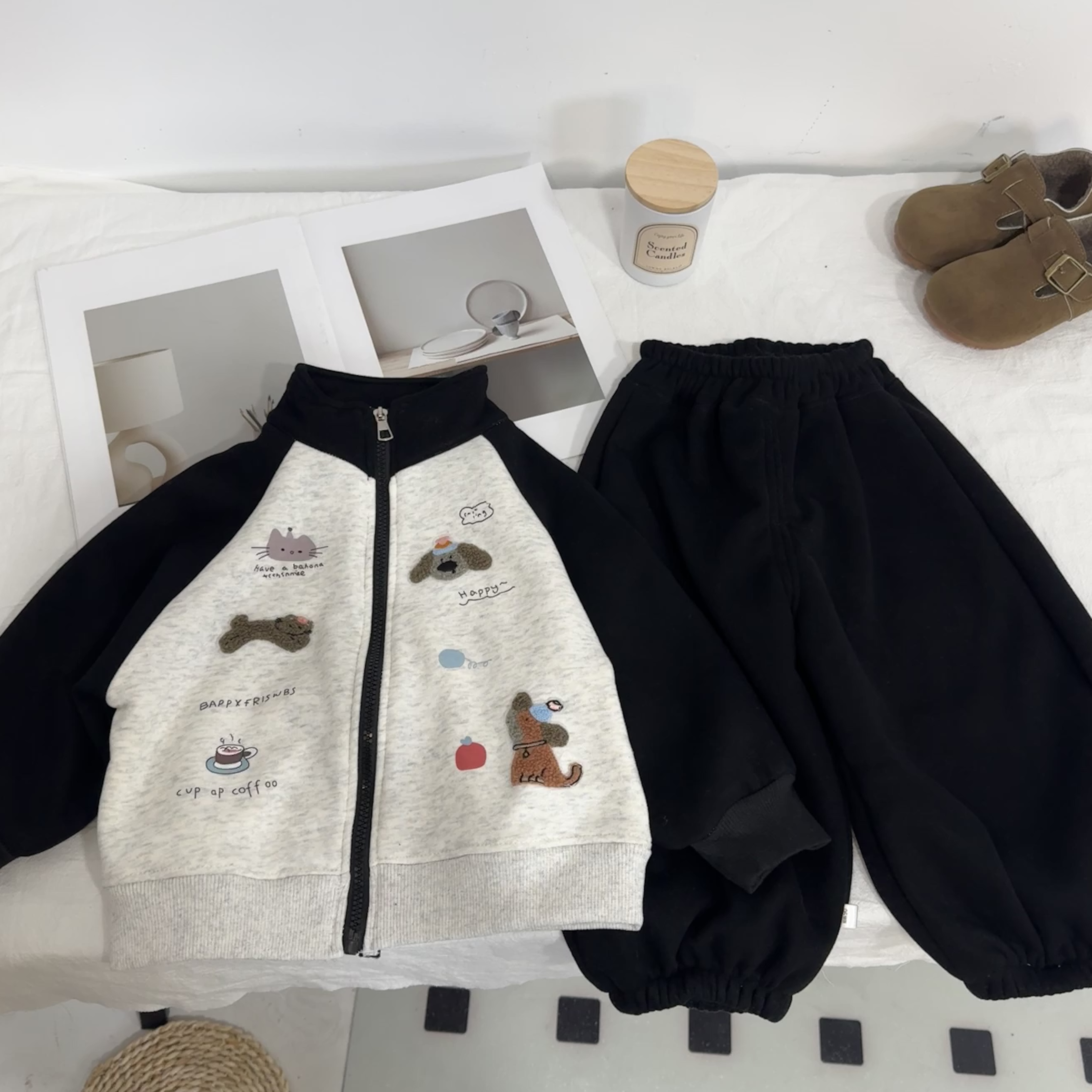 【加绒加厚】2025秋冬季卫衣小狗印花新款儿童卡通宽松韩版套装