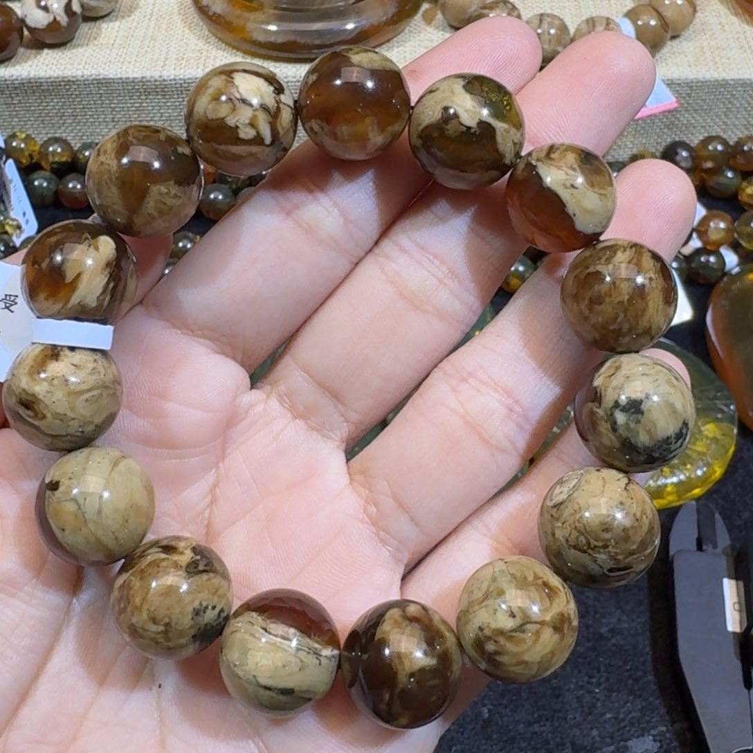 琥珀珠宝奇石未镶嵌14mm猪油白蜡橘蜜溶洞