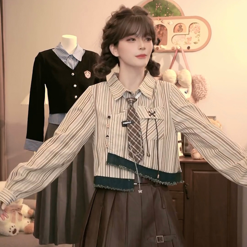 美式复古长袖衬衫女2025春秋新款休闲宽松美拉德设计感纽扣衬衣