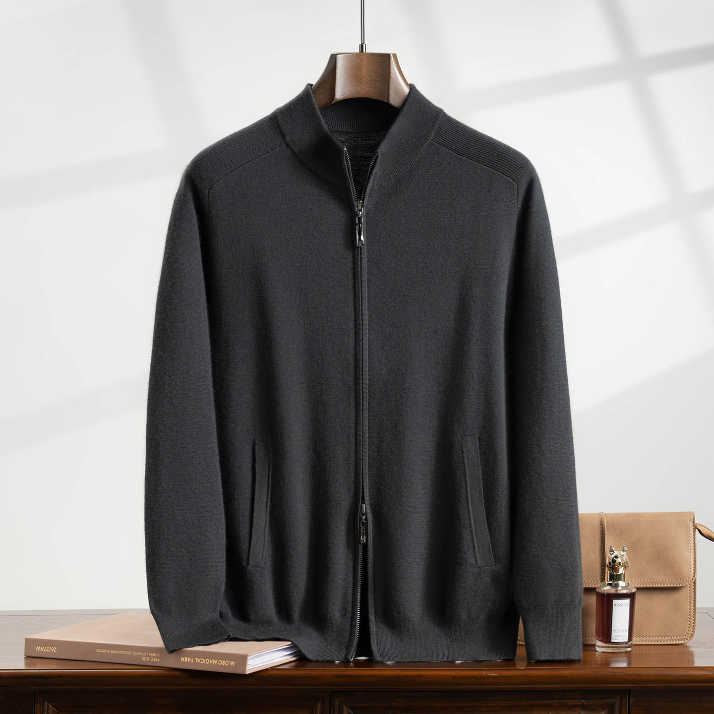 18针68支精纺100%纯山羊绒衫男士空气层加厚立领长袖针织开衫