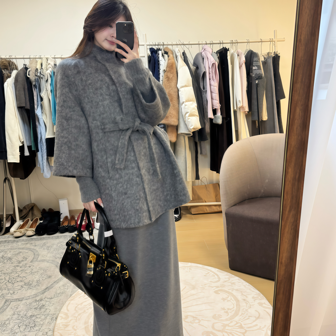 秋冬立领双面羊毛大衣系带拼接针织袖宽松韩版外套