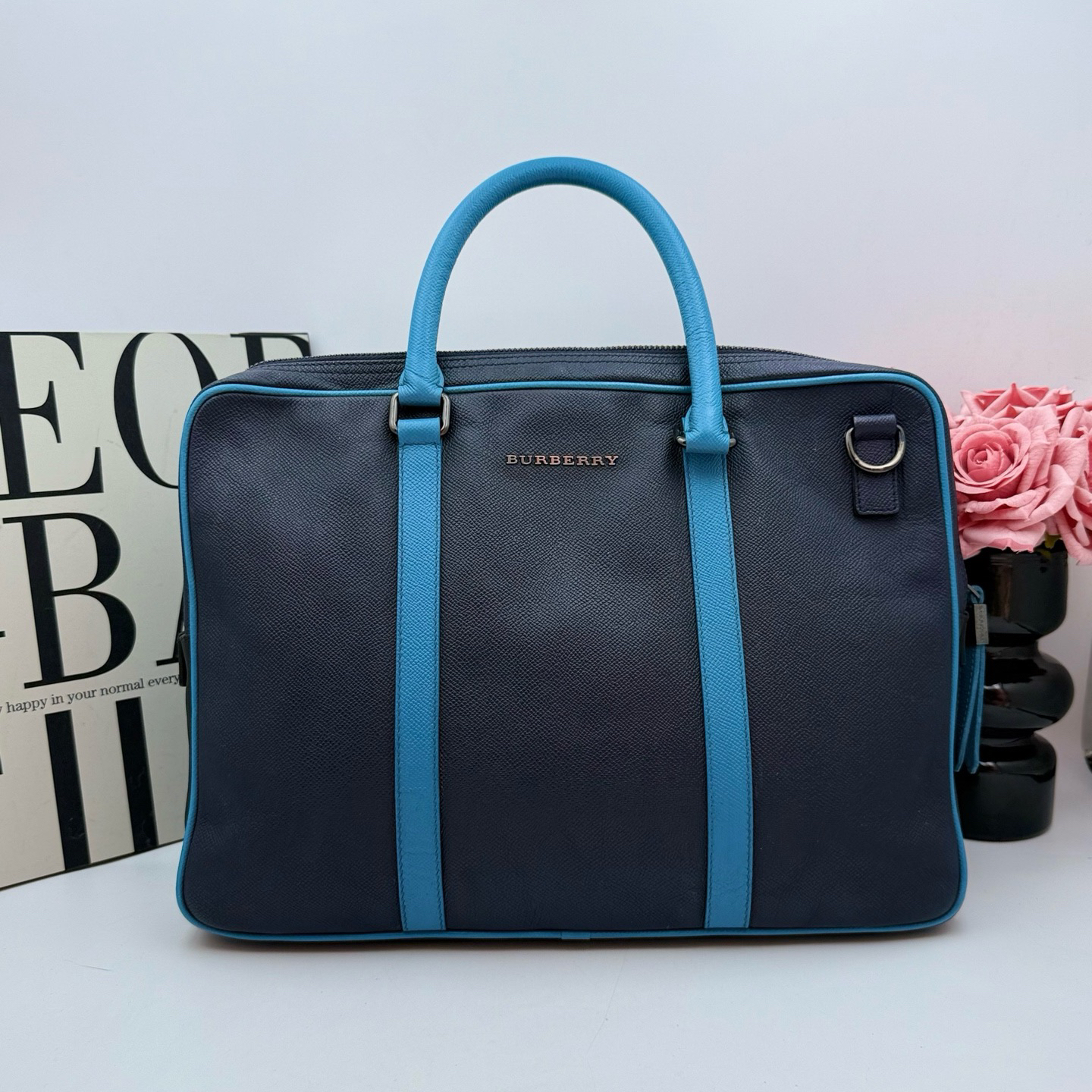 95新 BURBERRY/博柏利  xy 7190 蓝色公文包手提包36x28