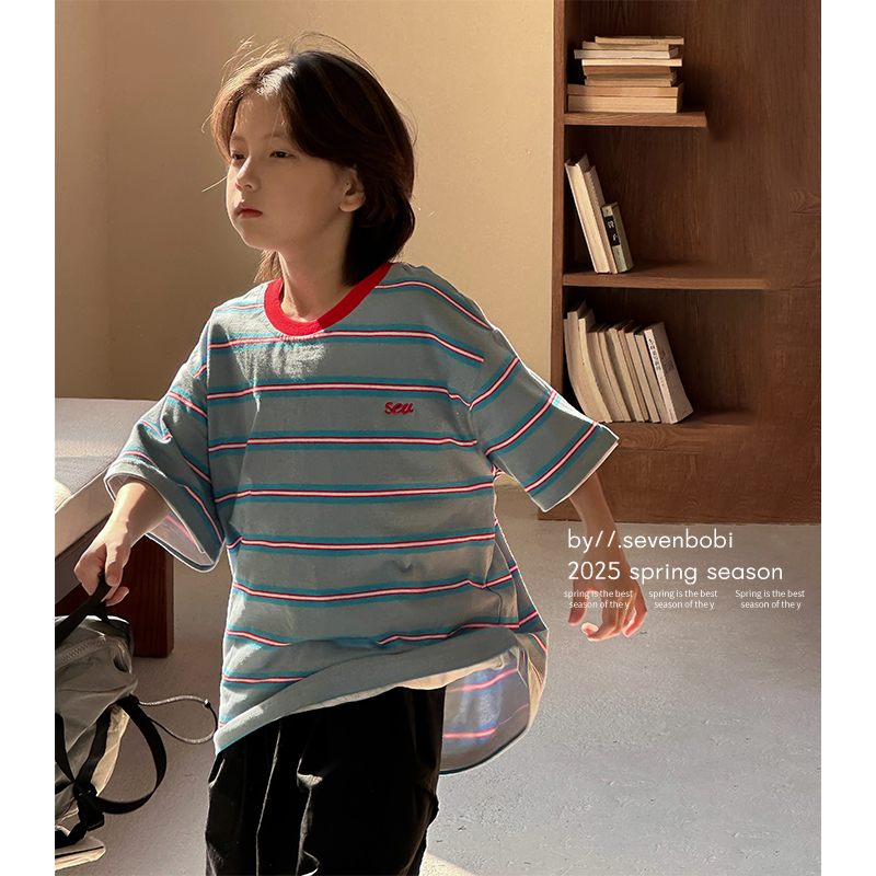 柒号童仓男童条纹短袖t恤儿童短袖2025新款韩版宝宝宽松上衣夏季