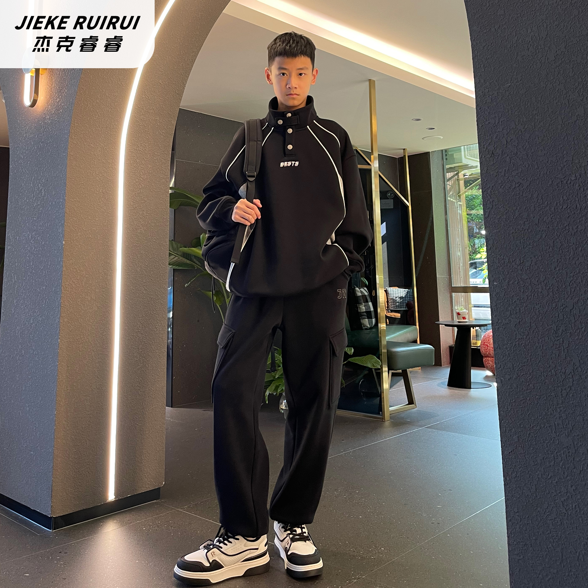 3698【睿】冬季潮牌立领时髦加绒卫衣大童休闲美式上衣潮杰克睿睿