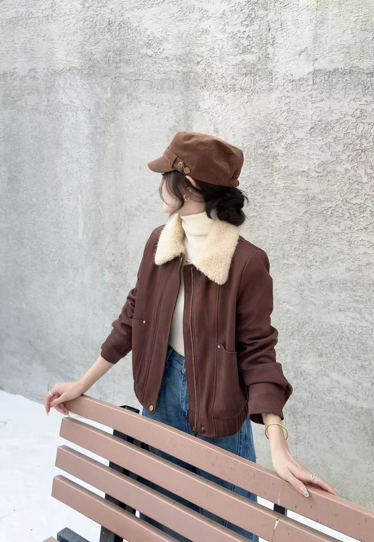 * 丽影 *秋冬爆款* 毛翻领拉链呢绒布短外套 * 时尚韩版绒布外套