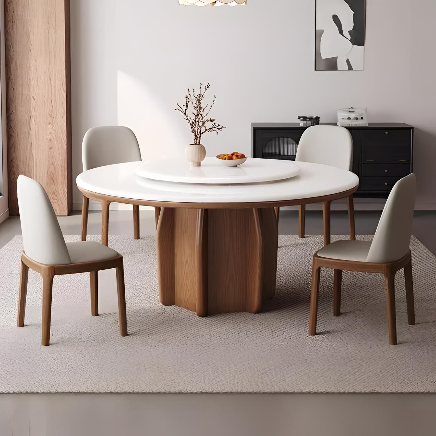 中古风高端实木微晶石餐桌椅组合中古风家用小户型奢石圆桌带转盘