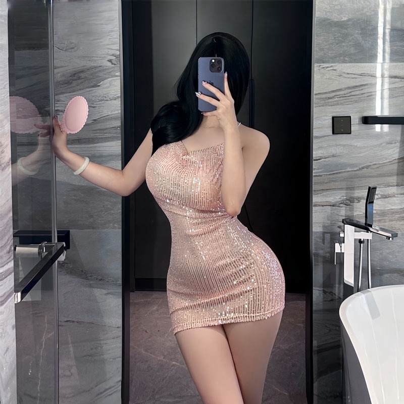 细闪亮片裙紧身包臀连衣短裙挂脖荡领深V吊带裙女