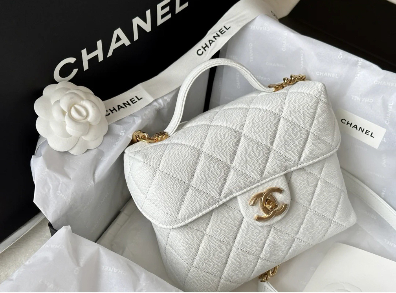 95新 Chanel/香奈儿 白金鱼子酱 手提盒子包 芯片款18cm 12443929