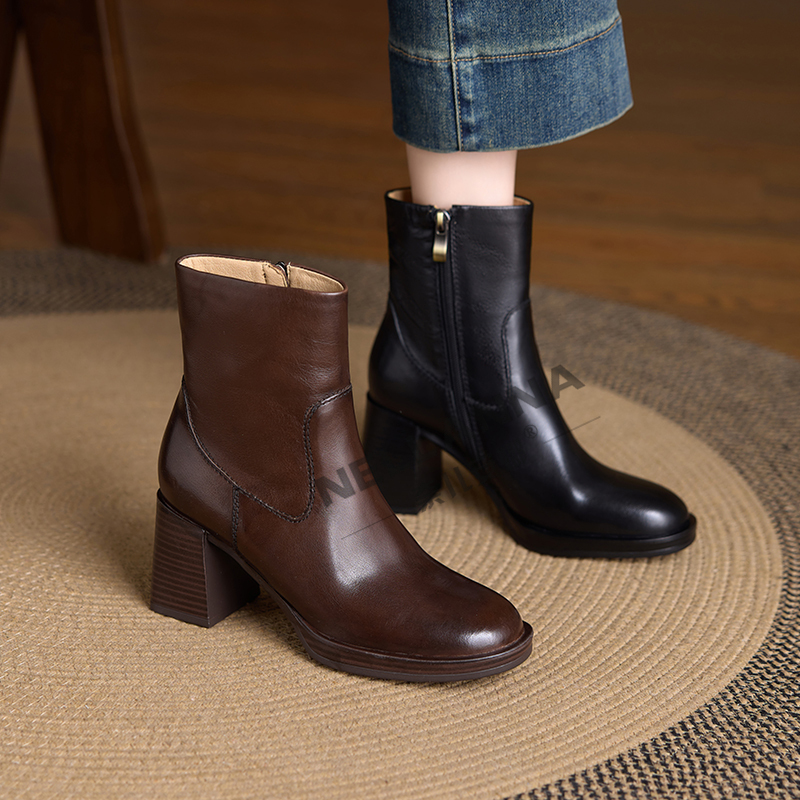 牛皮7厘米 34-40 复古百搭高跟简约时装靴侧拉链厚底短靴