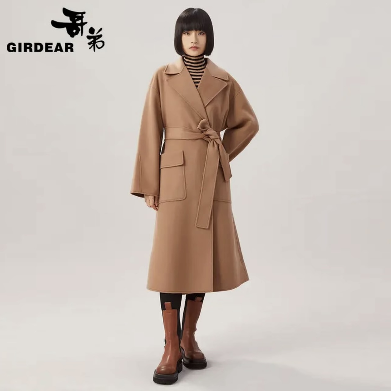 GIRDEAR哥弟轻奢绵羊毛兔毛高级系带翻领双面呢长款大衣1400640