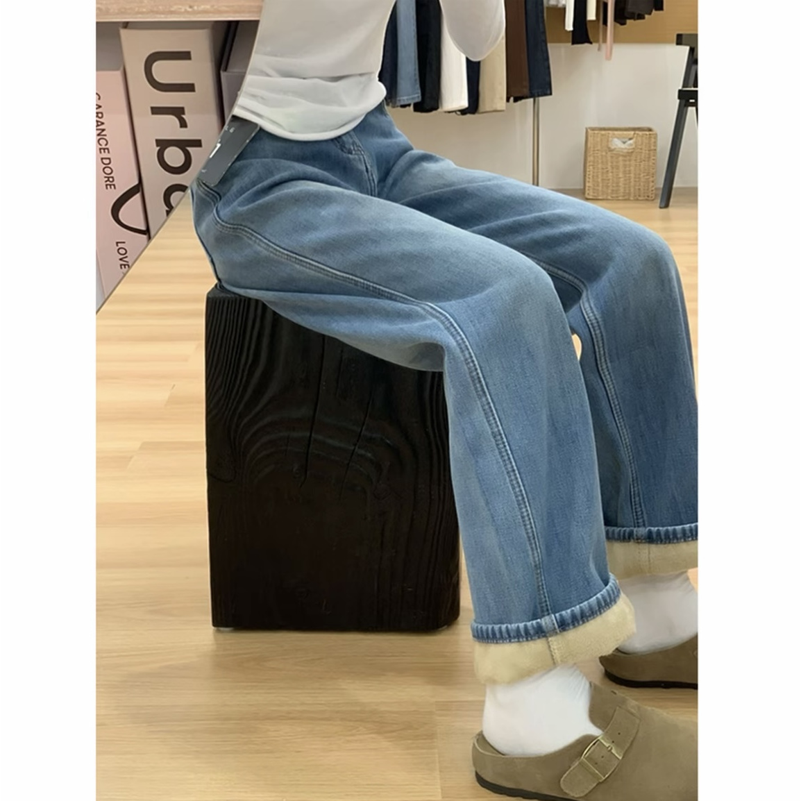 【3331-3340】秋冬窄版阔腿牛仔裤女加绒宽松高腰垂感显瘦直筒裤