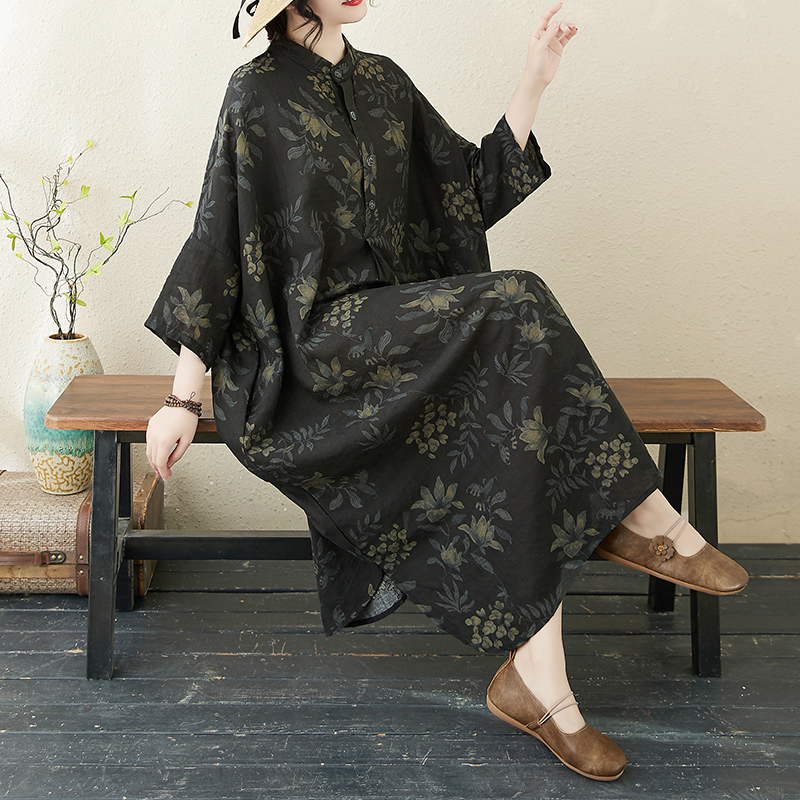 2025春季新款宽松大码女装花色度假风旅游V领复古长款棉麻连衣裙