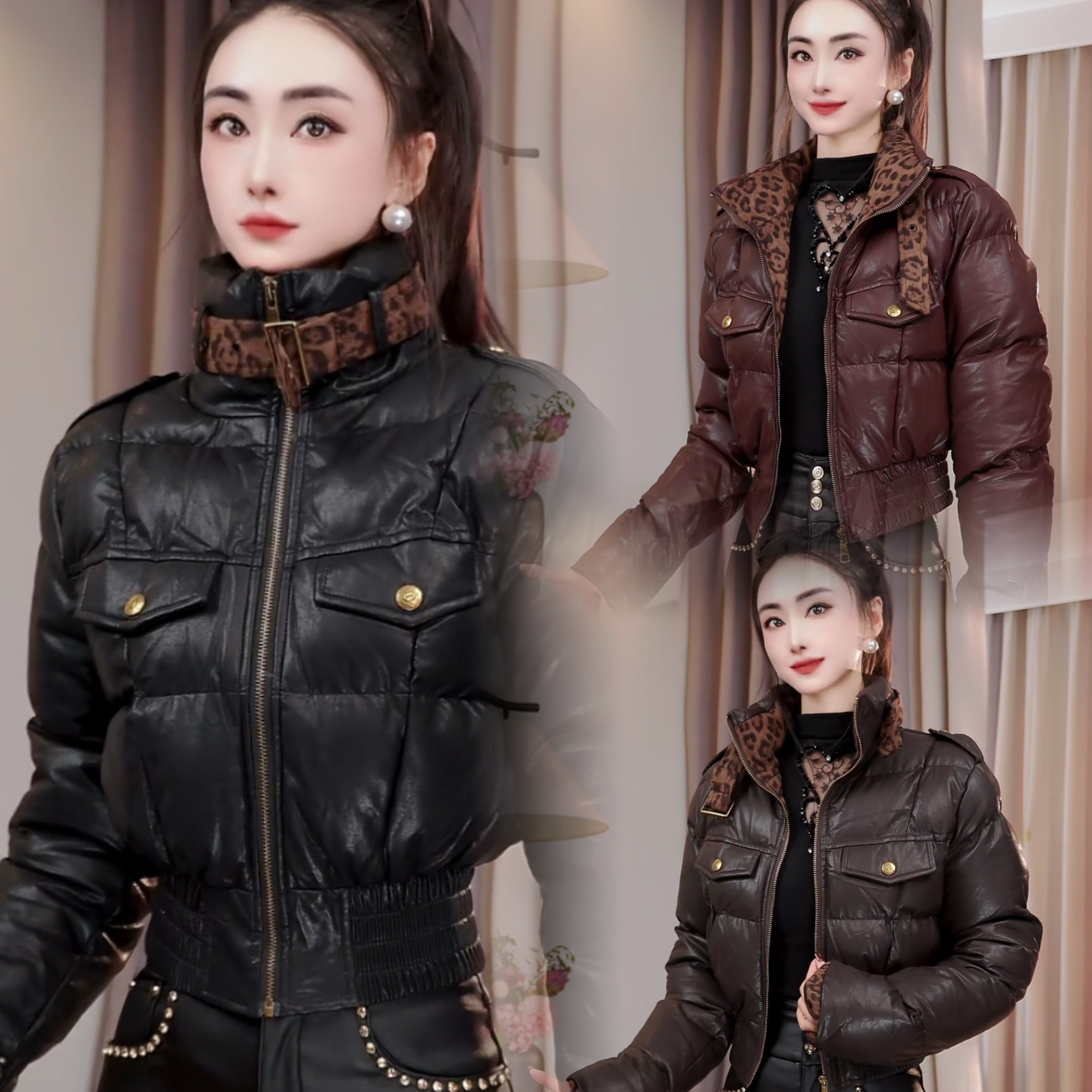 冬季保暖棉衣豹纹领休闲皮外套