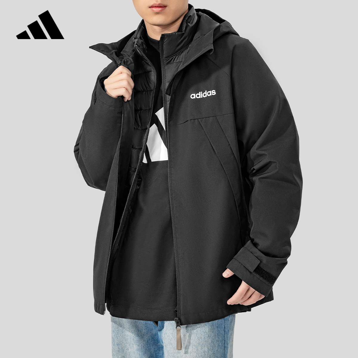 adidas/阿迪达斯三合一棉服冬季中性运动夹克保暖连帽棉服