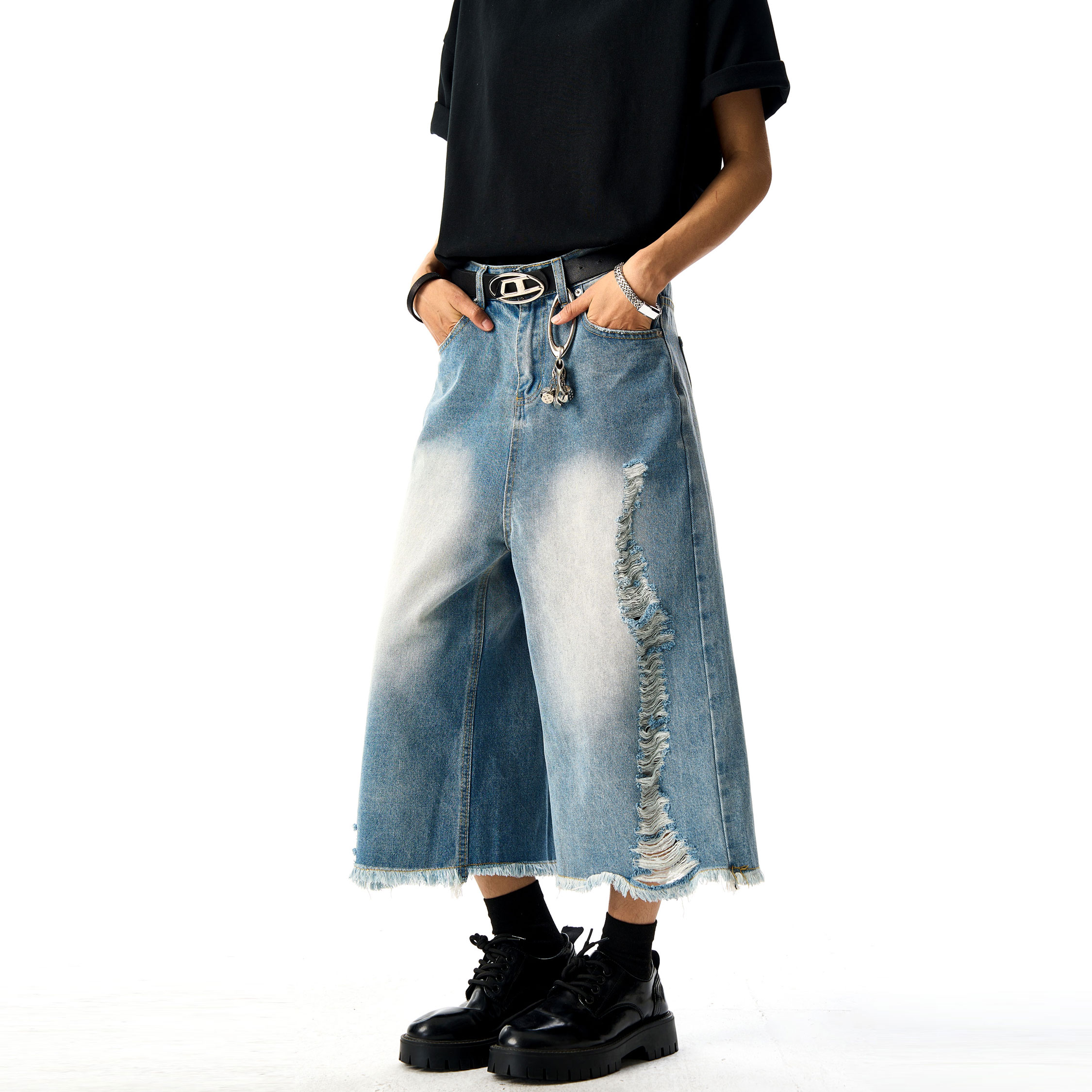 J LONE美式复古水洗破洞牛仔短裤男女宽松小众设计高级感七分裤子