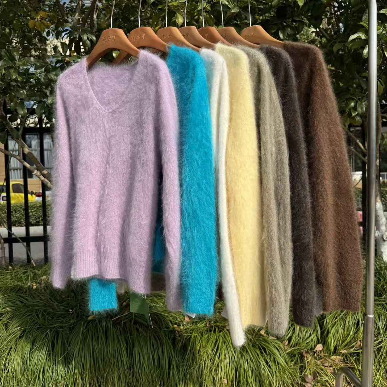 2077-v领慵懒风简约纯色拉绒软糯亲肤100%超细山羊绒针织衫