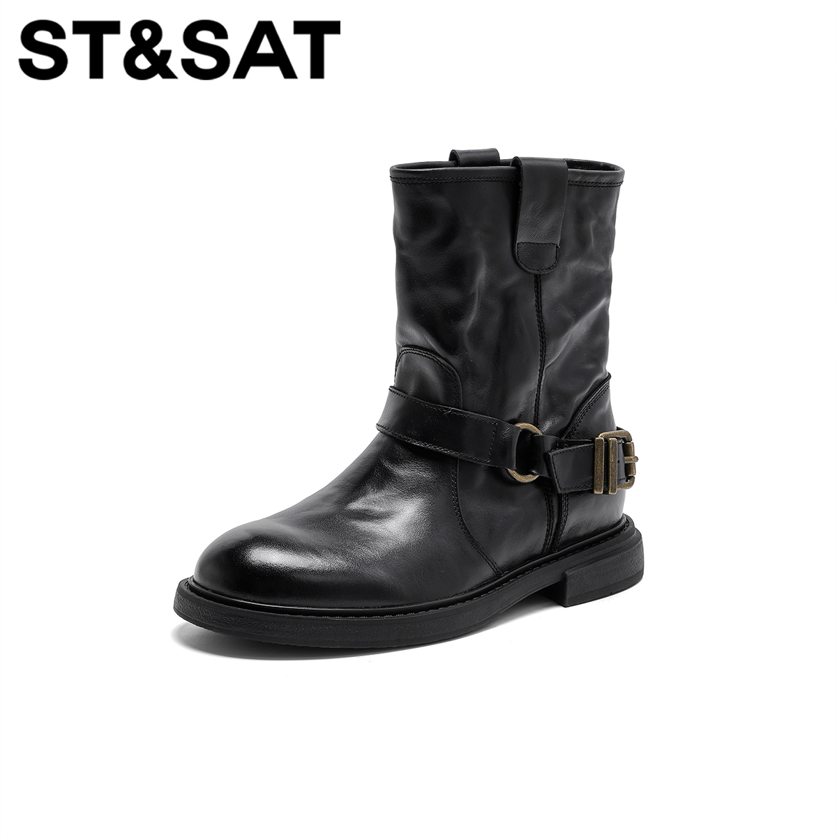 St&Sat/星期六女靴时装靴长靴英伦风厚底弹力靴黑色英伦中筒靴