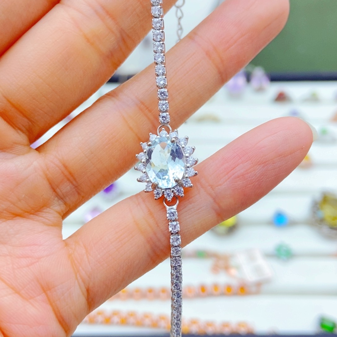 银S925镶嵌手链海蓝宝石