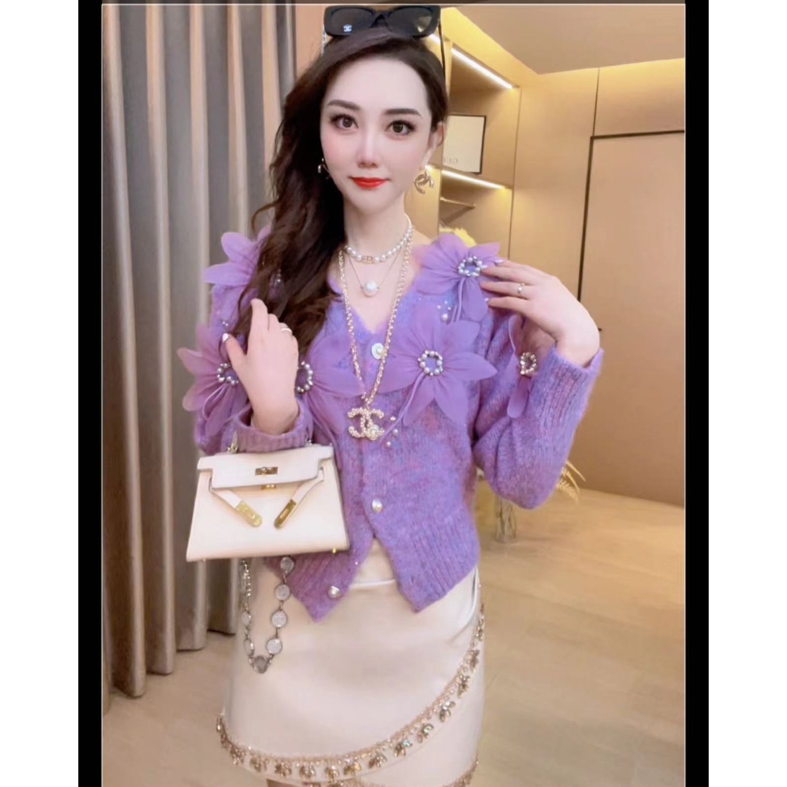 【花仙子】重工钉珠时尚显瘦气质针织外套女