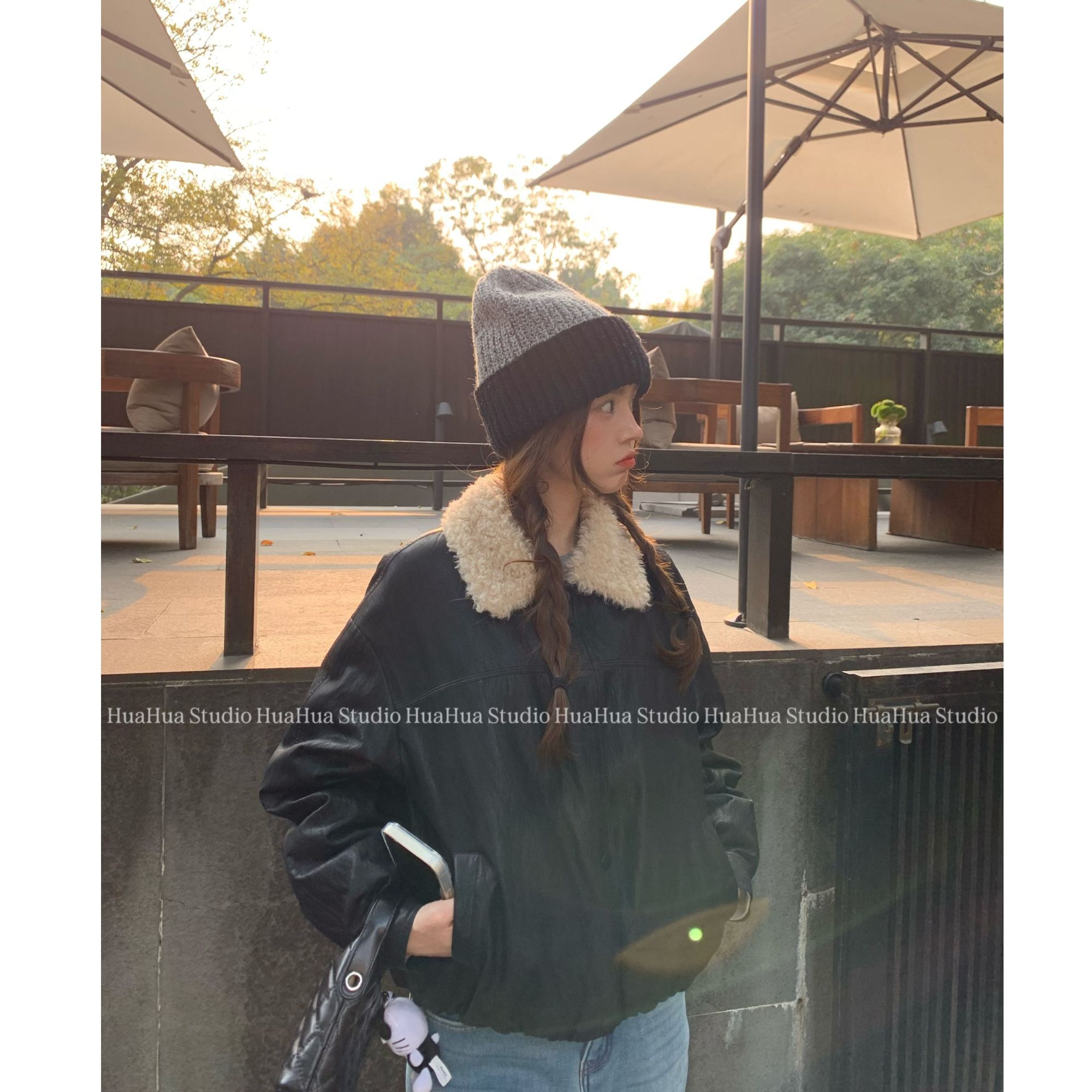 【花花】鎏金岁月~韩系秋冬羊羔绒毛领90白鸭绒短款皮衣羽绒服