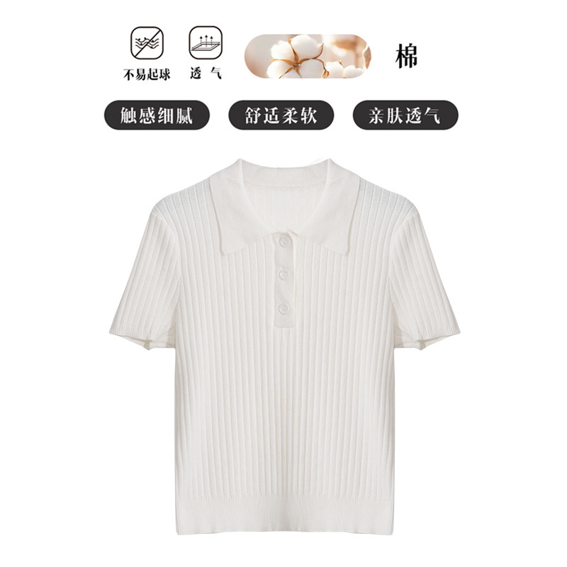 现货夏季针织衫女2025夏薄款短袖T恤 polo领修身显瘦正肩短款上衣