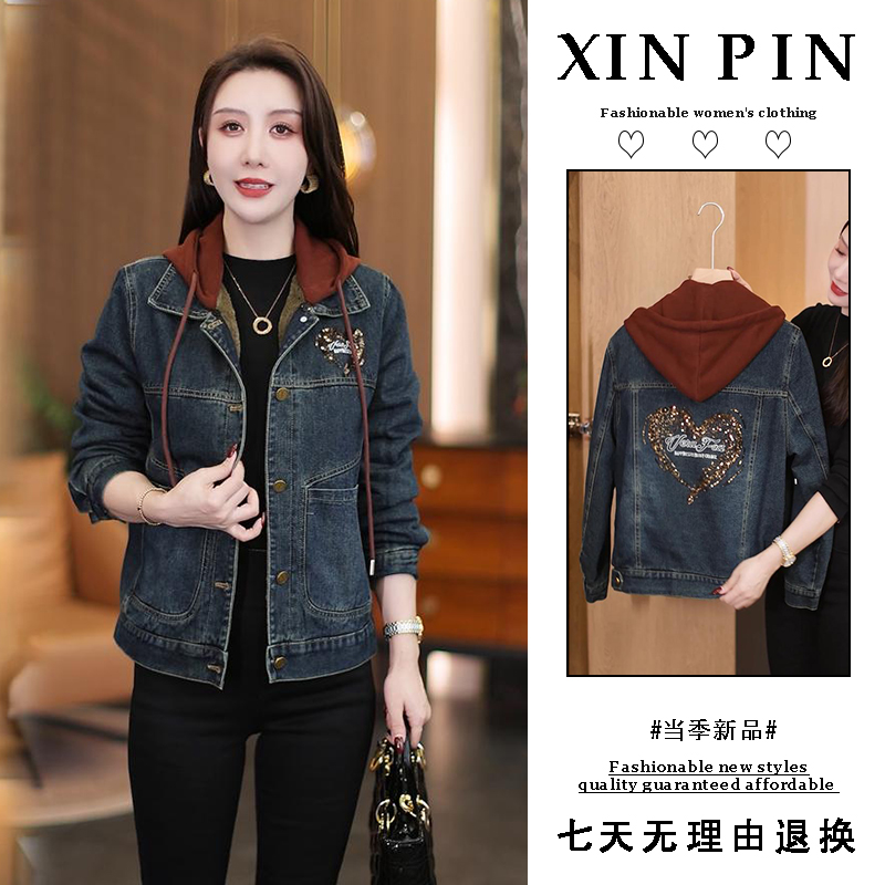 【工厂直销】加绒加厚牛仔短外套冬季洋气显瘦保暖休闲连帽夹克上衣