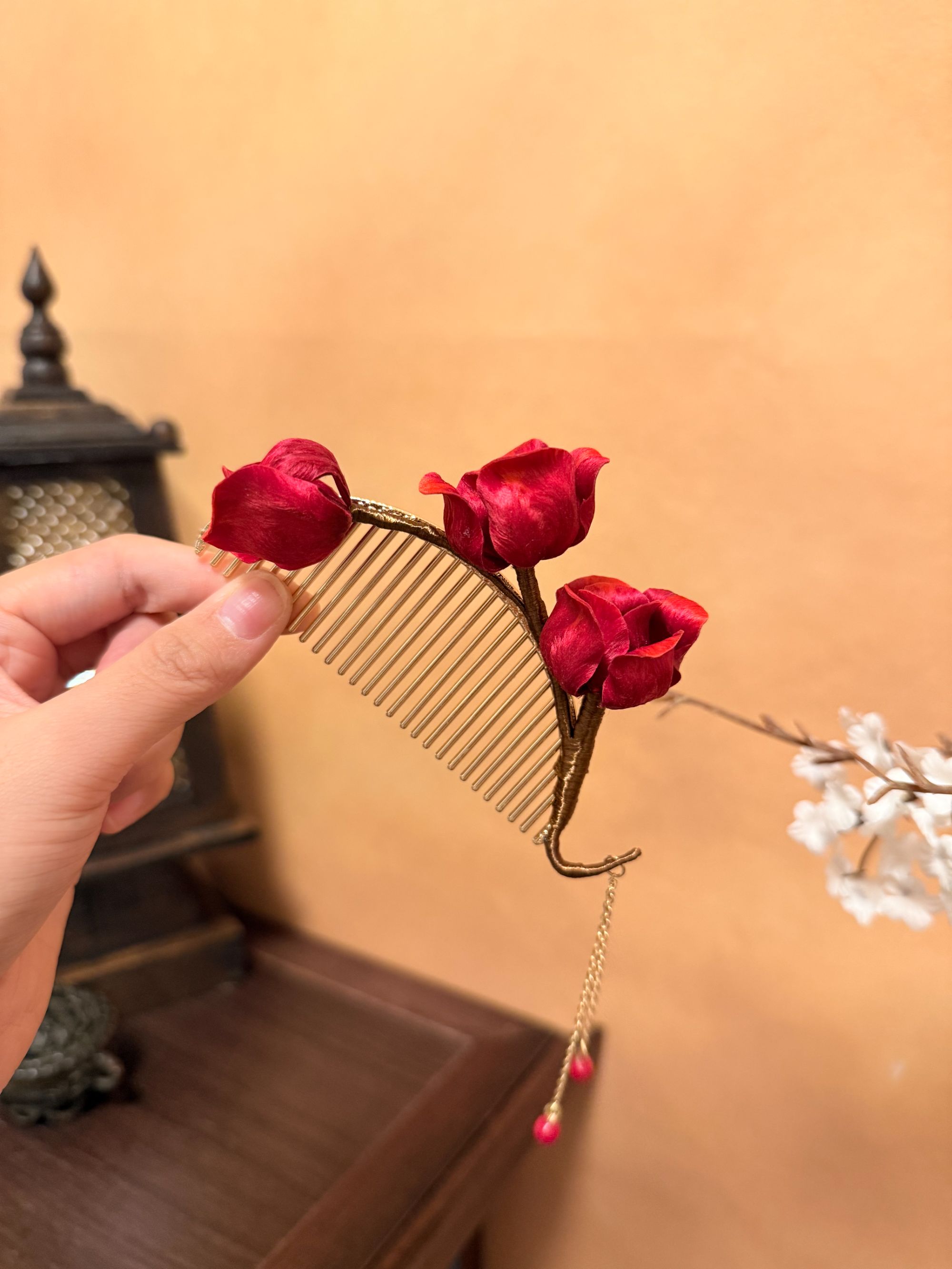 【红玫瑰】绒花发夹（发梳版）