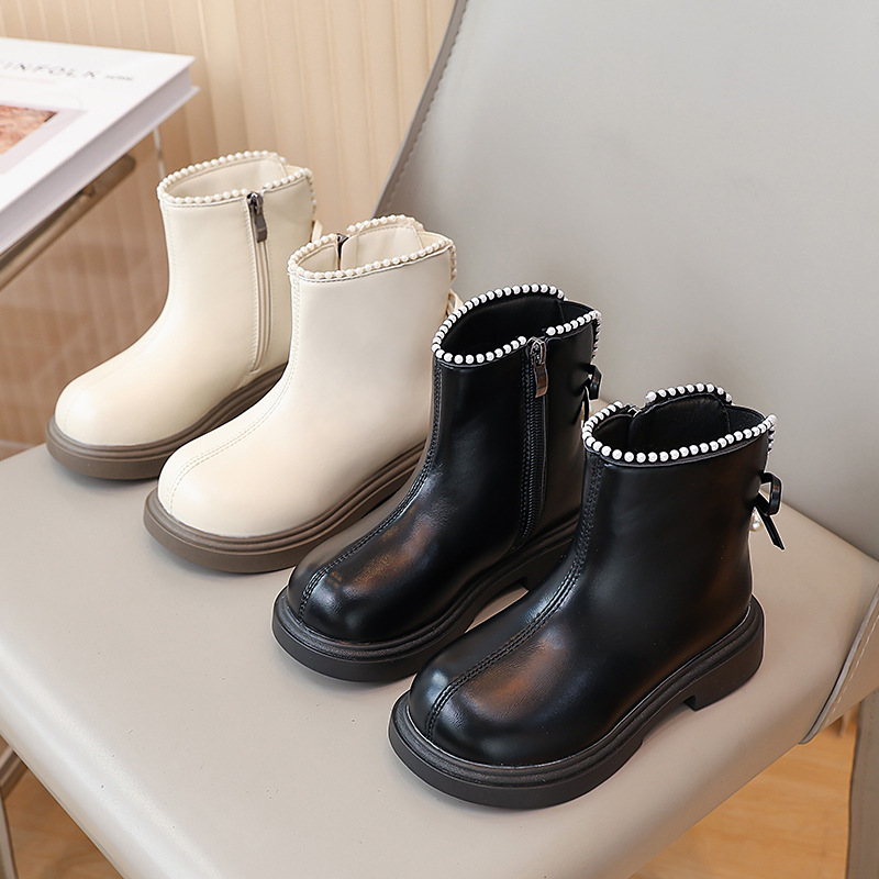 2025秋冬季新款儿童靴韩版女童珍珠蝴蝶结单靴中大童女孩加绒公主