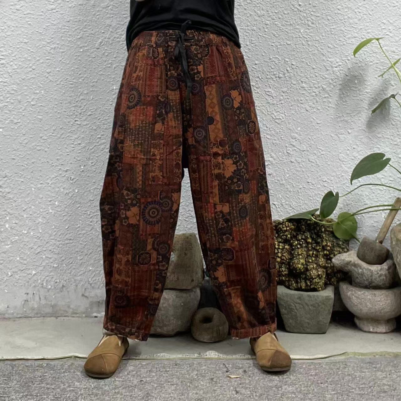 70115咖底蓝圈前六片色织麻南瓜休闲裤（长90臀围126脚口42