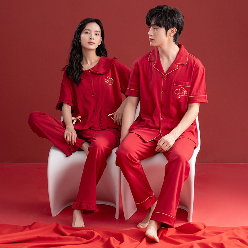 100%纯棉短袖长裤男款结婚睡衣女夏季红色本命年亲肤家居服套装