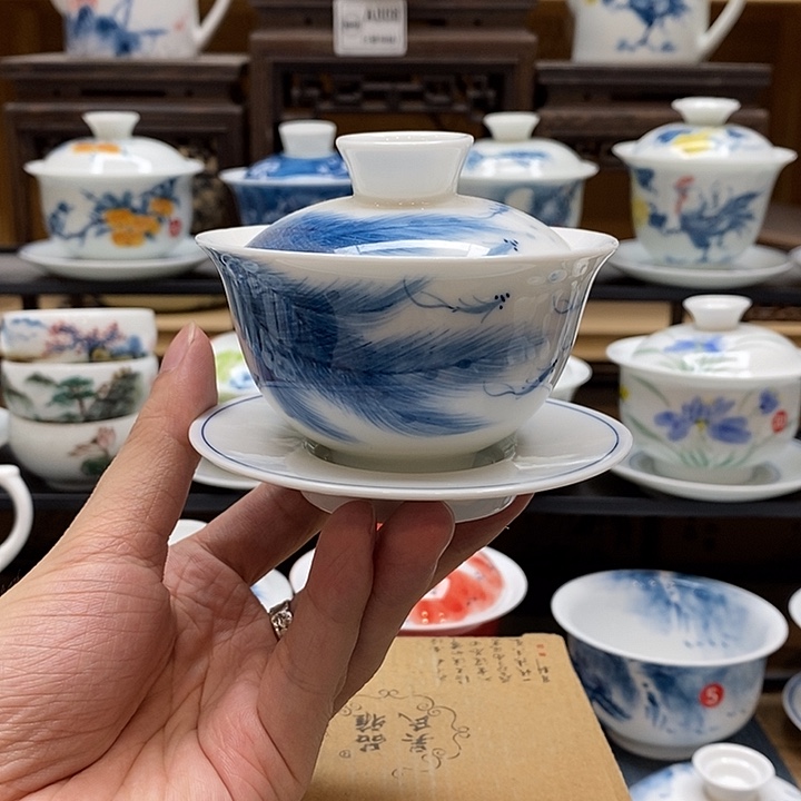 手绘孔雀翎盖碗130cc釉下彩微瑕福利款