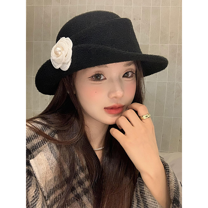 赫本风山茶花黑色珍珠礼帽女秋冬高级感千金帽子显脸小气质渔夫帽