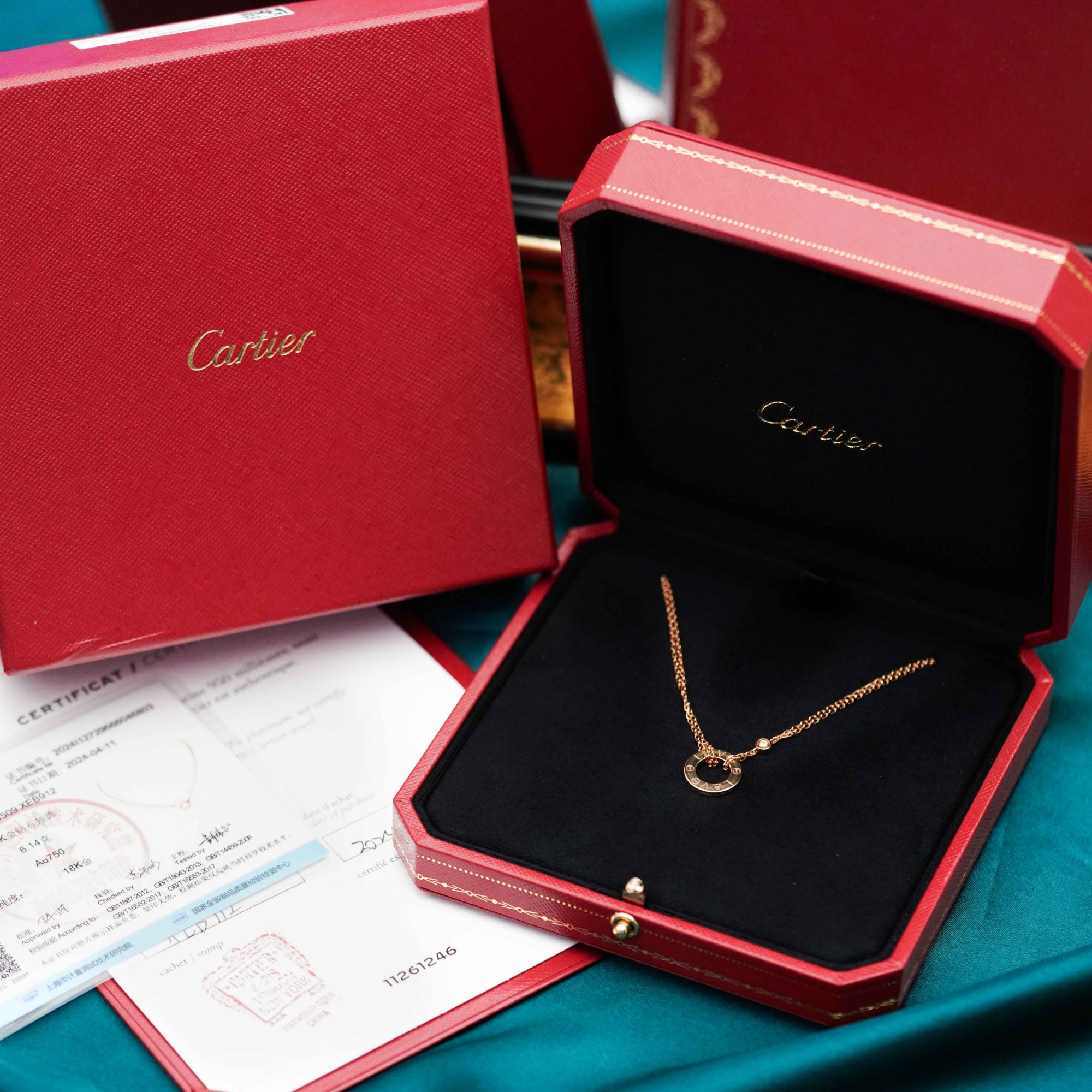 99新 Cartier/卡地亚 Love系列18k玫瑰金圆饼双钻项链 