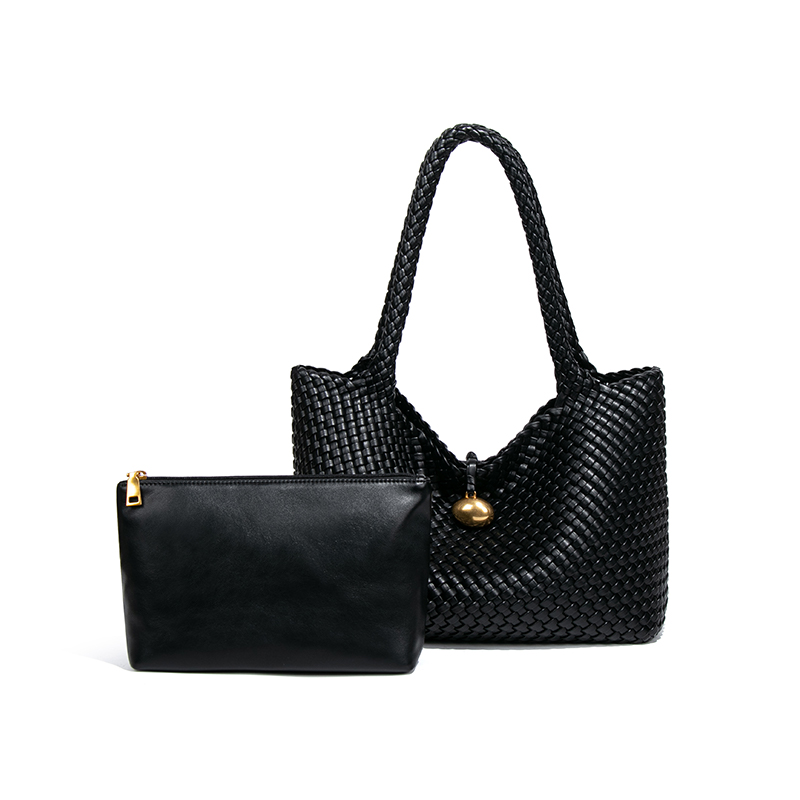 【高定】手工编织大容量托特电脑包鎏金软皮方包单肩包B2197-黑色