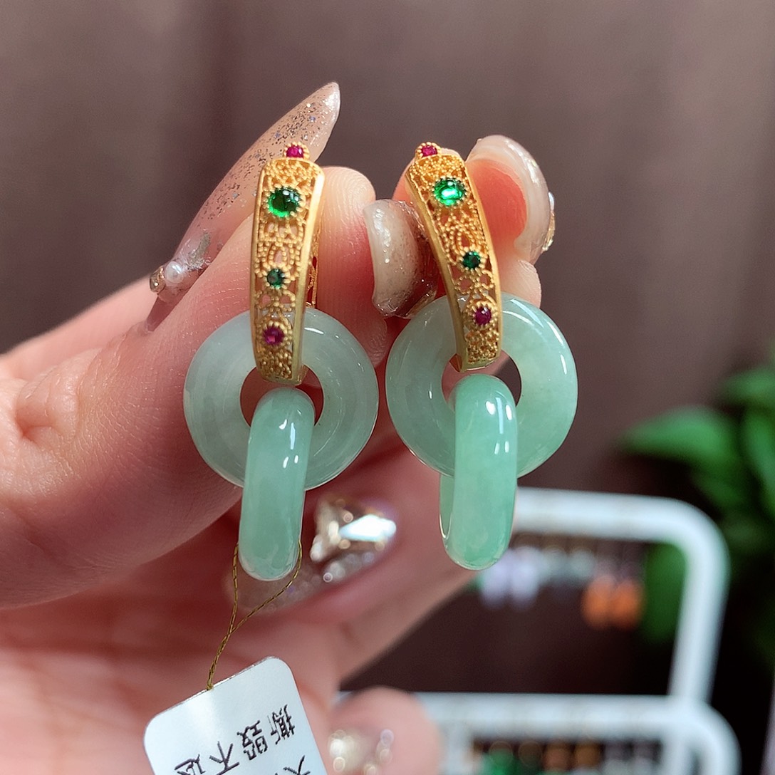 翡翠耳饰银S925镶嵌天然翡翠