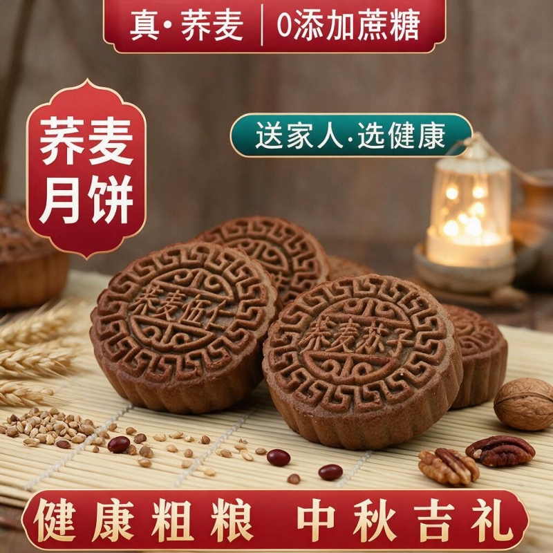 荞麦月饼无蔗糖五仁月饼杂粮广式月饼木糖醇中秋传统早餐糕点80g